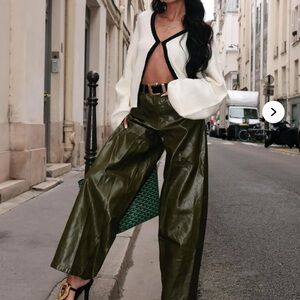 Faux leather Olive Green Wide-Leg Pants